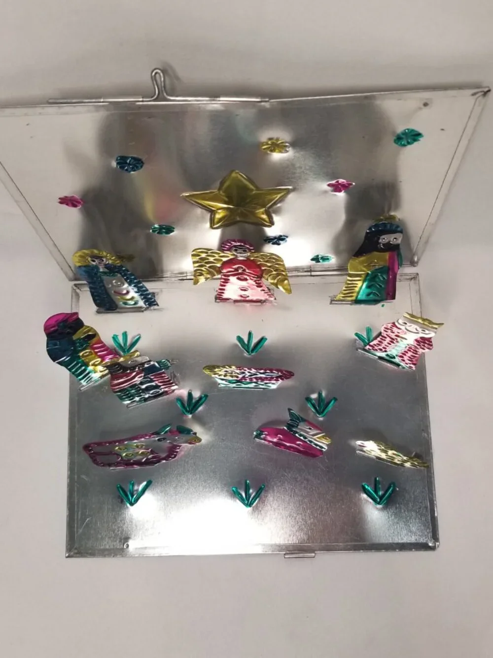 Mexican Folk Art Punched Tin Folding Pop Up Nativity Scene Hand Painted Display